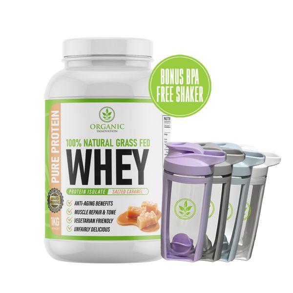 Salted Caramel Whey Protein Isolate with a bonus BPA-free shaker. Organic and grass-fed ingredients.