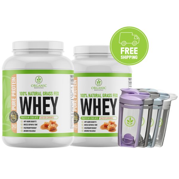 Two tubs of "Organic Innovation" 100% Grass Fed Whey protein, with shaker bottles and a free shipping icon.