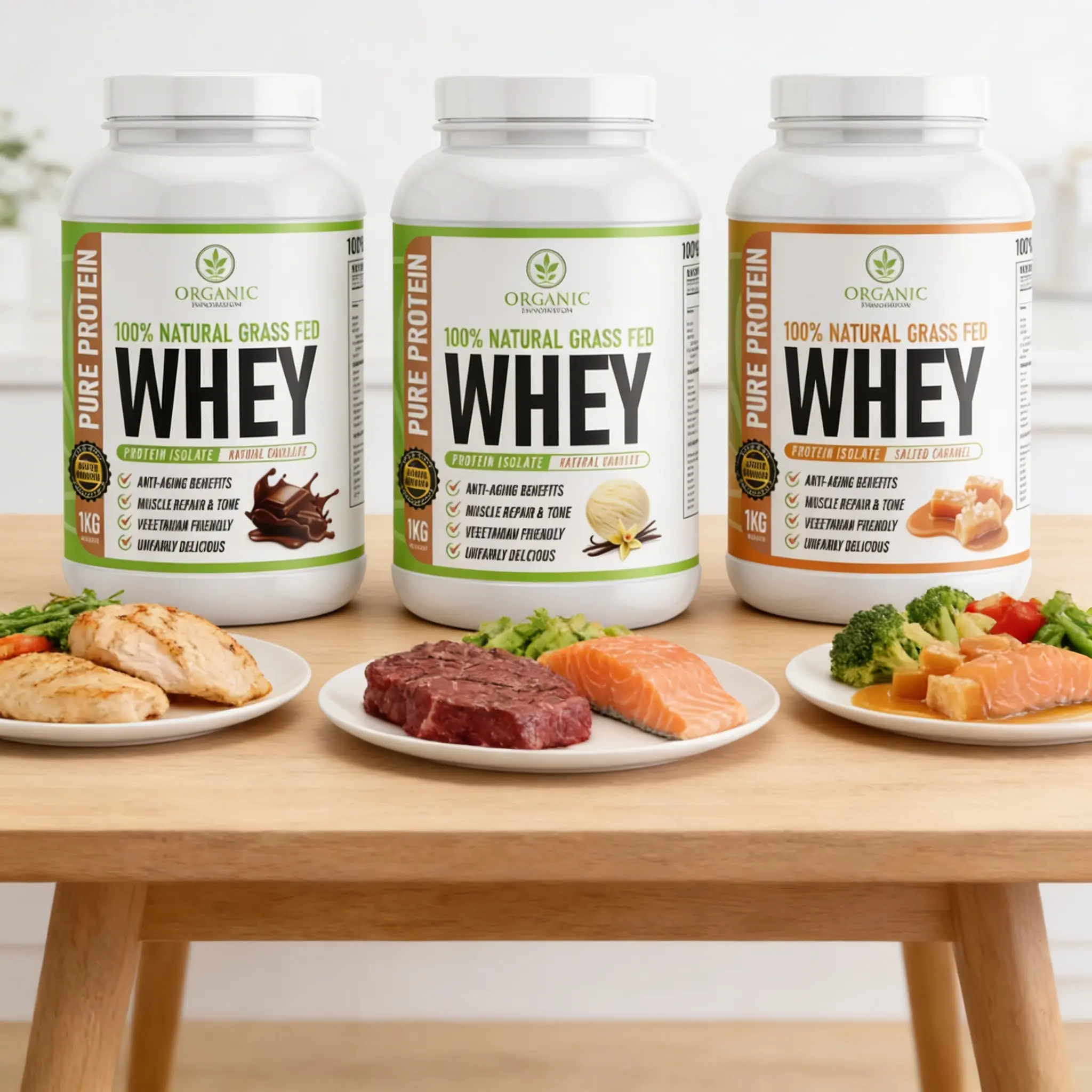 Organic Innovation 100% Natural Grass Fed Whey Protein Isolate in chocolate, vanilla, and salted caramel flavors displayed alongside high-protein foods including chicken, beef, salmon, and vegetables - complete nutrition guide 2026