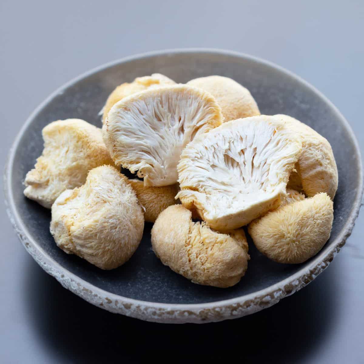 Bowl filled with pieces of raw lion's mane mushroom showing its unique texture.