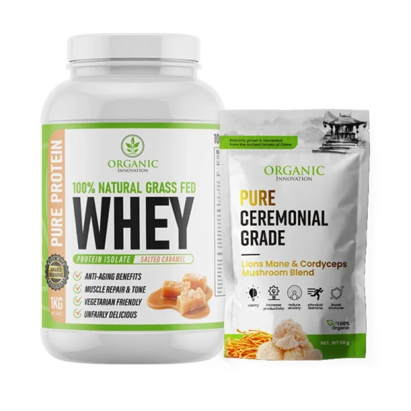 Organic Innovation whey protein powder and ceremonial mushroom blend supplement packaging.